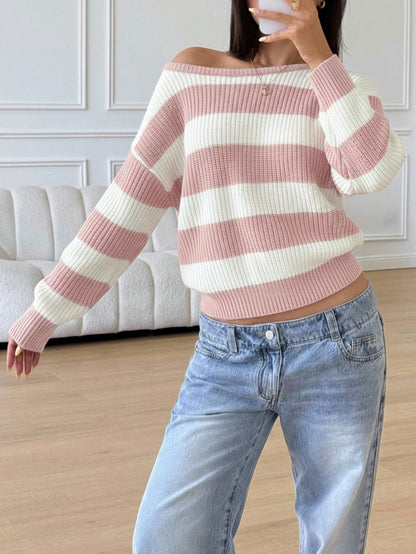 Teen Girls Casual Striped Knit Sweater, Minimalist & Fashionable, Suitable For Everyday Wear, Autumn/Winter