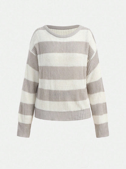 Teen Girls Casual Striped Knit Sweater,Minimalist&Fashionable,Suitable For Everyday Wear,Autumn/Winter Cute Tops Cropped Off Shoulder Top