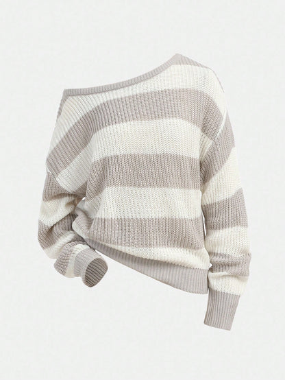 Teen Girls Casual Striped Knit Sweater,Minimalist&Fashionable,Suitable For Everyday Wear,Autumn/Winter Cute Tops Cropped Off Shoulder Top