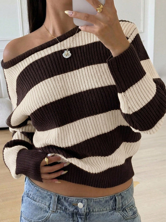 Teen Girls Casual Striped Knit Sweater, Simple And Fashionable, Suitable For Daily Wear, Autumn, Winter