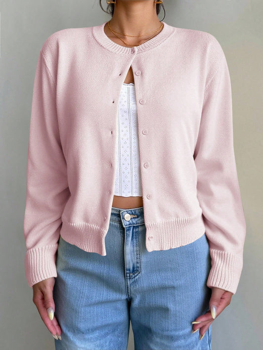 Teen Girls Knitwear Casual Solid Color Round Neck Long Sleeve Loose Cropped Girl Cardigan Autumn Sweater, Warm Comfort, Cozy Chic, Daily Commute