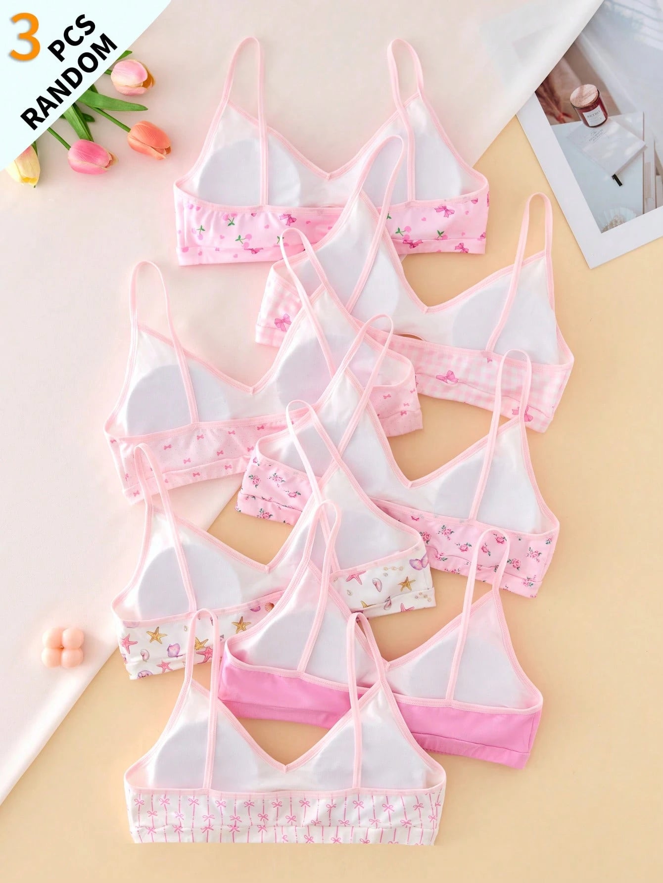Teen Girls Simple Fashion Sweet Bra Underwear Floral Cherry Bow Print With Removable Padding