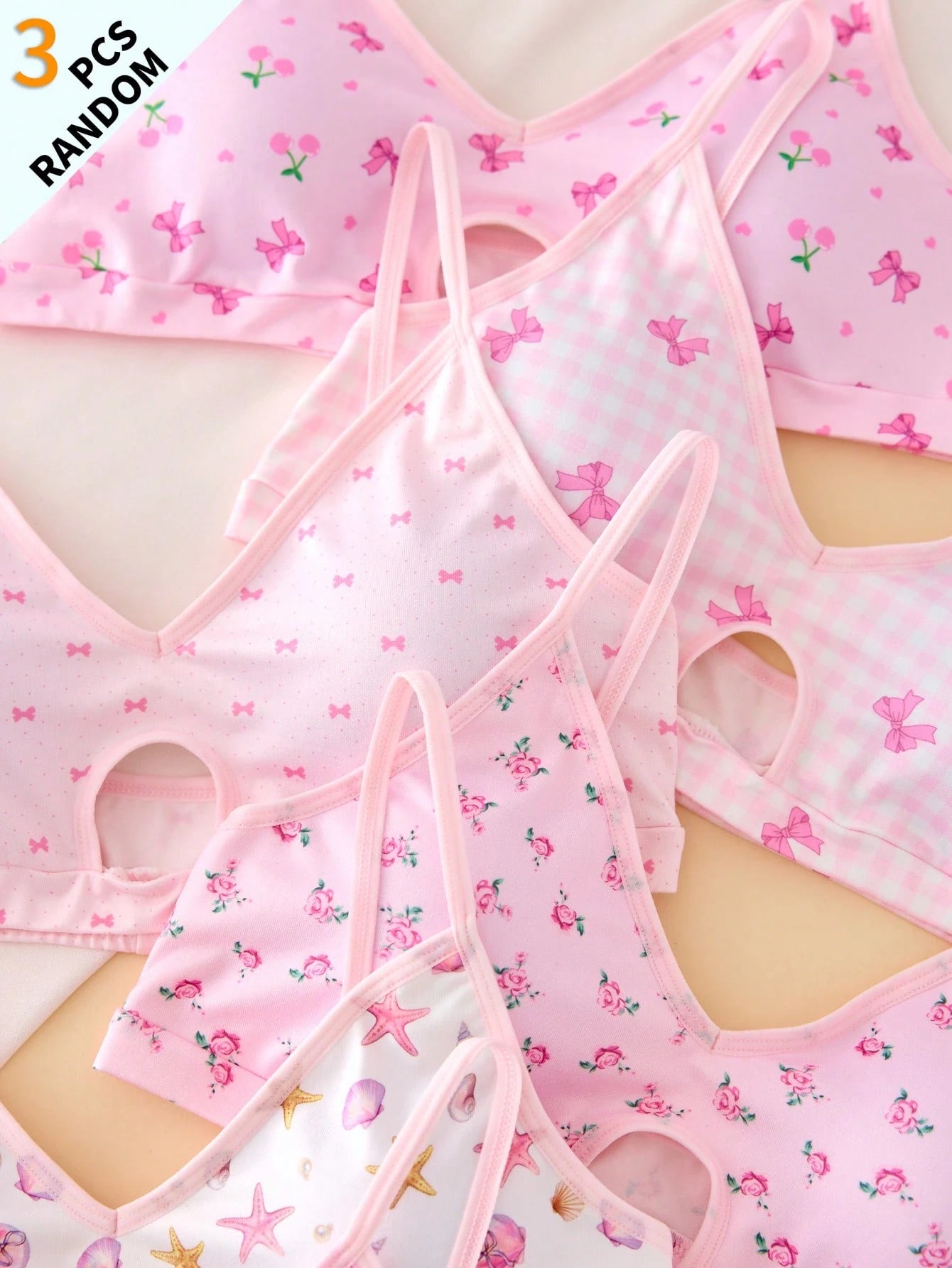 Teen Girls Simple Fashion Sweet Bra Underwear Floral Cherry Bow Print With Removable Padding