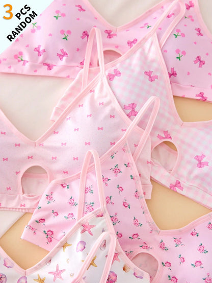Teen Girls Simple Fashion Sweet Bra Underwear Floral Cherry Bow Print With Removable Padding
