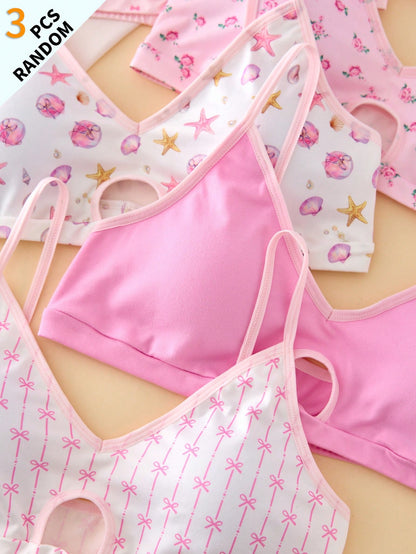 Teen Girls Simple Fashion Sweet Bra Underwear Floral Cherry Bow Print With Removable Padding