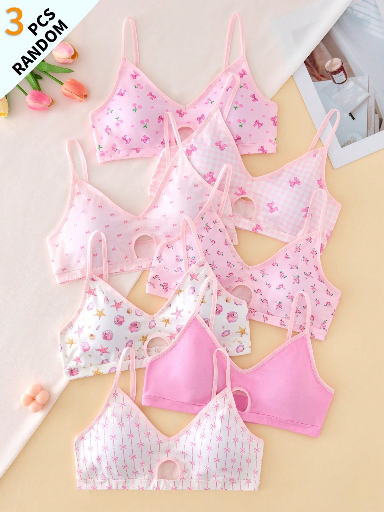 Teen Girls Simple Fashion Sweet Bra Underwear Floral Cherry Bow Print With Removable Padding