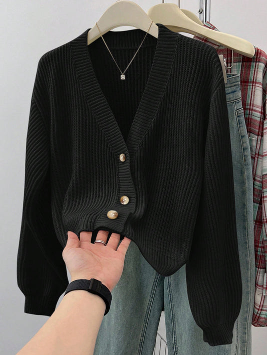Teen Girls' Solid V-Neck Cropped Casual Loose Drop Shoulder Long Sleeve Cardigan Winter Sweater, Autumn