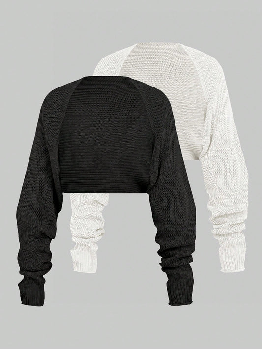 Teen Girls White/Cropped/Ribbed Fabric/Knit/Textured/Versatile Casual Short Autumn Cardigan//Daily Versatile/All- Cardigan, Black And White 2pcs Set