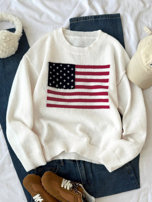 Teen Girls White Winter Y2k Graduation Independence Day American Flag Print Knit Sweater, Loose Long Sleeve Collegiate Style Knitwear Top