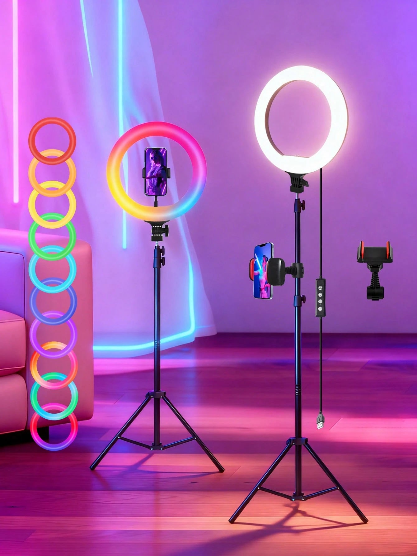 This 12-Inch Professional Photography LED Ring Light Kit Includes A 63-Inch Aluminum Tripod And Two Universal Phone Holders. It Is USB Powered, Offers 38 Colors And 10 Levels Of Adjustable Brightness