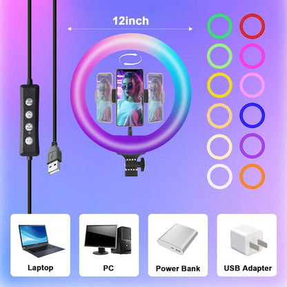 This 12-Inch Professional Photography LED Ring Light Kit Includes A 63-Inch Aluminum Tripod And Two Universal Phone Holders. It Is USB Powered, Offers 38 Colors And 10 Levels Of Adjustable Brightness