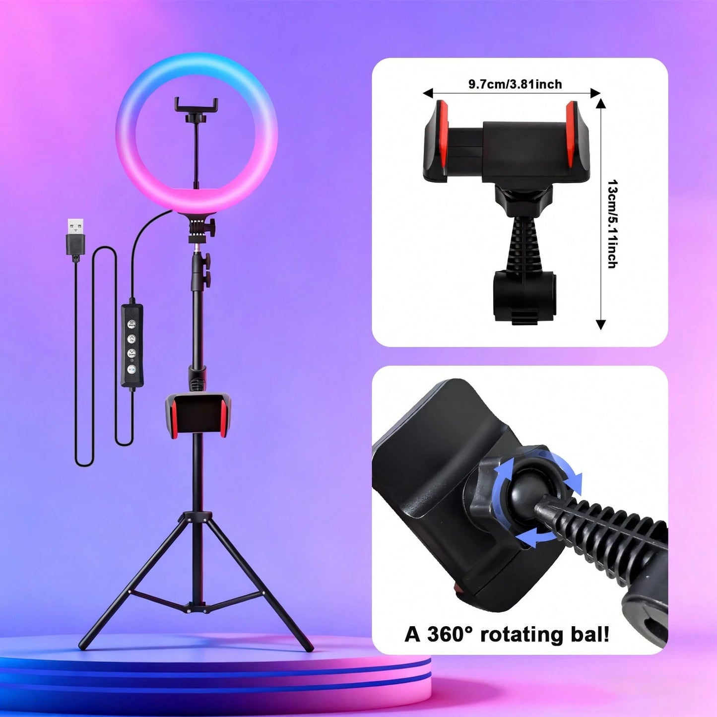 This 12-Inch Professional Photography LED Ring Light Kit Includes A 63-Inch Aluminum Tripod And Two Universal Phone Holders. It Is USB Powered, Offers 38 Colors And 10 Levels Of Adjustable Brightness