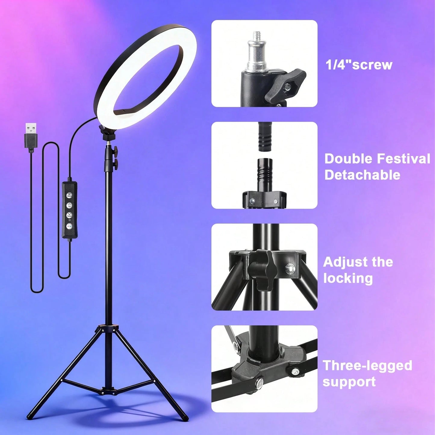 This 12-Inch Professional Photography LED Ring Light Kit Includes A 63-Inch Aluminum Tripod And Two Universal Phone Holders. It Is USB Powered, Offers 38 Colors And 10 Levels Of Adjustable Brightness