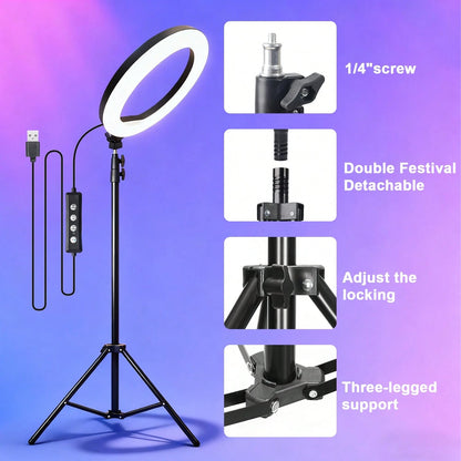 This 12-Inch Professional Photography LED Ring Light Kit Includes A 63-Inch Aluminum Tripod And Two Universal Phone Holders. It Is USB Powered, Offers 38 Colors And 10 Levels Of Adjustable Brightness