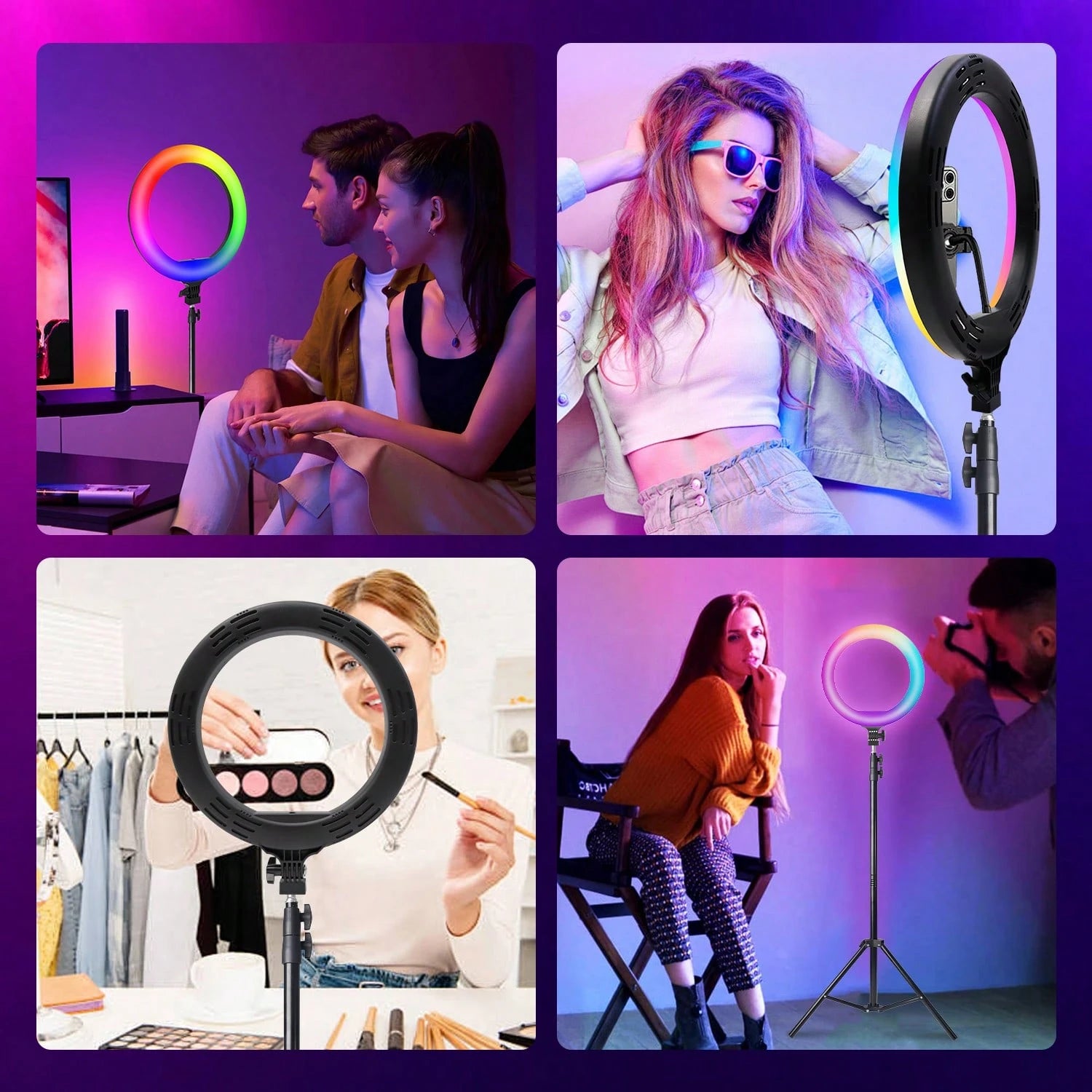 This 12-Inch Professional Photography LED Ring Light Kit Includes A 63-Inch Aluminum Tripod And Two Universal Phone Holders. It Is USB Powered, Offers 38 Colors And 10 Levels Of Adjustable Brightness