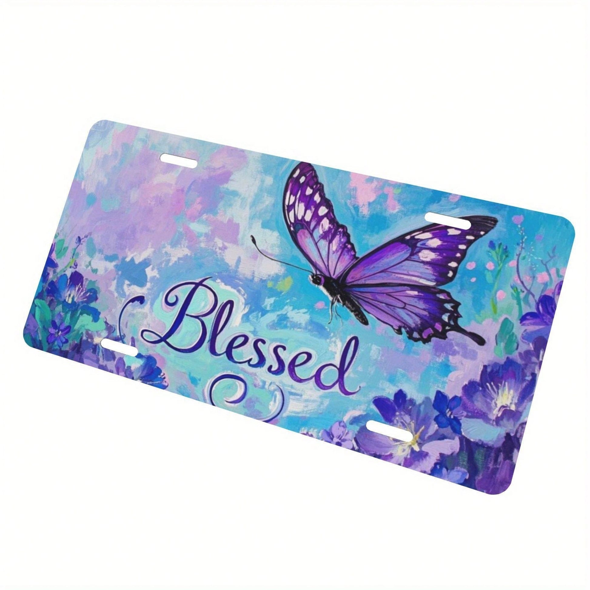 This Is A Decorative Piece, A Single 2D Flat Design, Specifically Designed For Men's And Women's License Plate Covers And Frames, Featuring A Butterfly And Purple Flowers.It Has A Stylish Front Licens