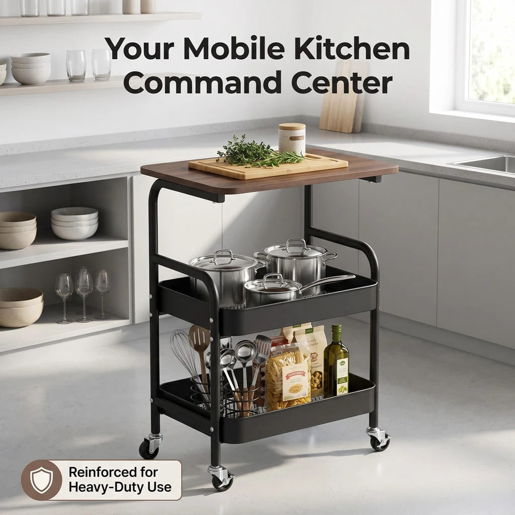 Three-Tier Metal Storage Cart With Wheels, Portable Mobile Cart, Snack Shelf, And Household Organization Storage Shelf