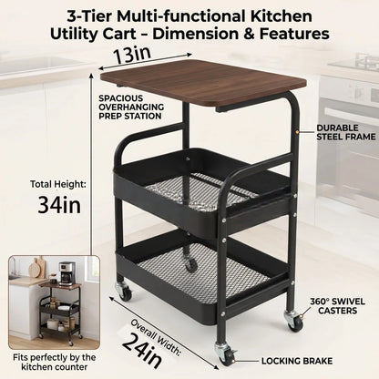 Three-Tier Metal Storage Cart With Wheels, Portable Mobile Cart, Snack Shelf, And Household Organization Storage Shelf
