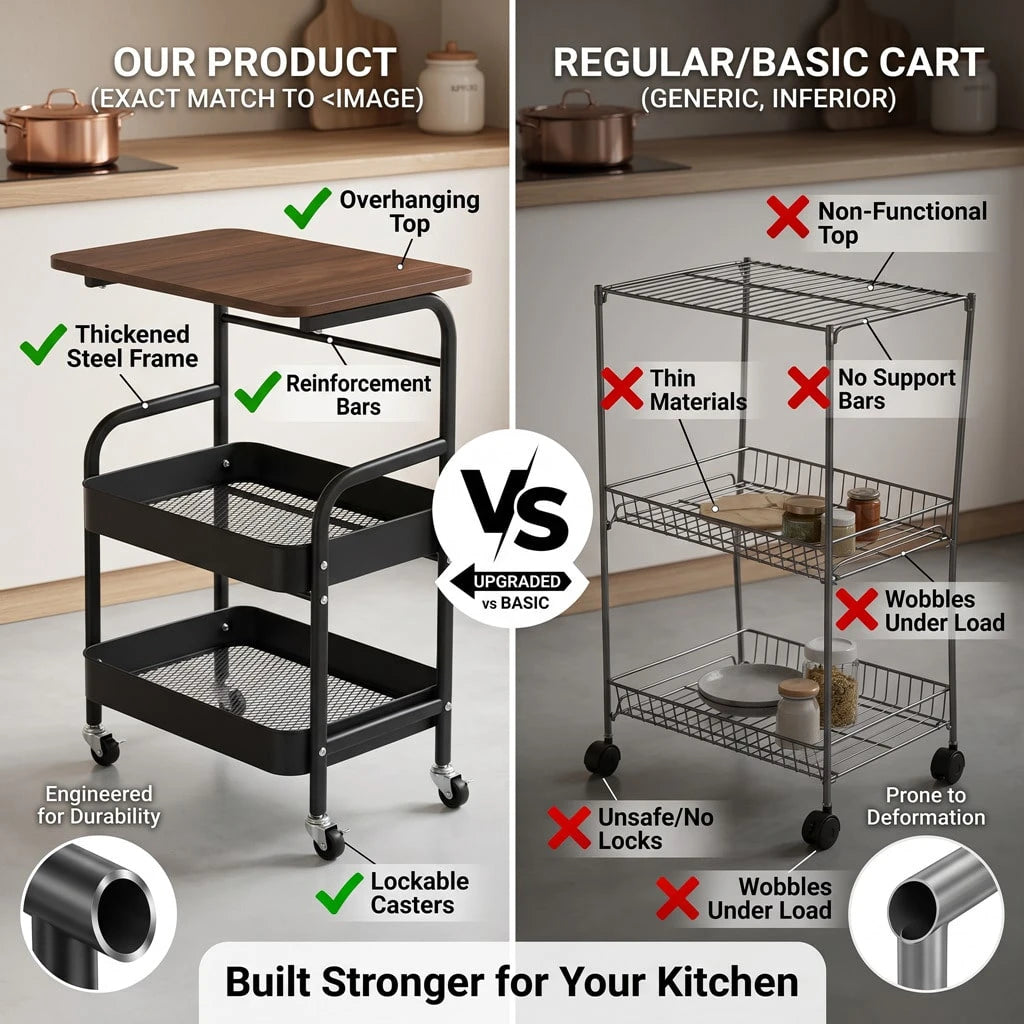 Three-Tier Metal Storage Cart With Wheels, Portable Mobile Cart, Snack Shelf, And Household Organization Storage Shelf