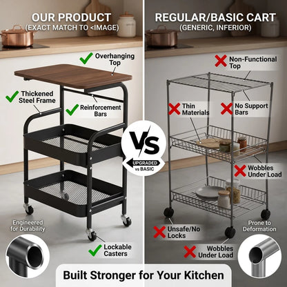 Three-Tier Metal Storage Cart With Wheels, Portable Mobile Cart, Snack Shelf, And Household Organization Storage Shelf