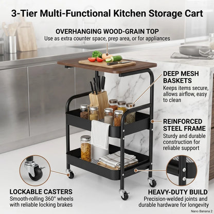 Three-Tier Metal Storage Cart With Wheels, Portable Mobile Cart, Snack Shelf, And Household Organization Storage Shelf