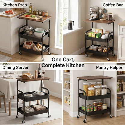 Three-Tier Metal Storage Cart With Wheels, Portable Mobile Cart, Snack Shelf, And Household Organization Storage Shelf