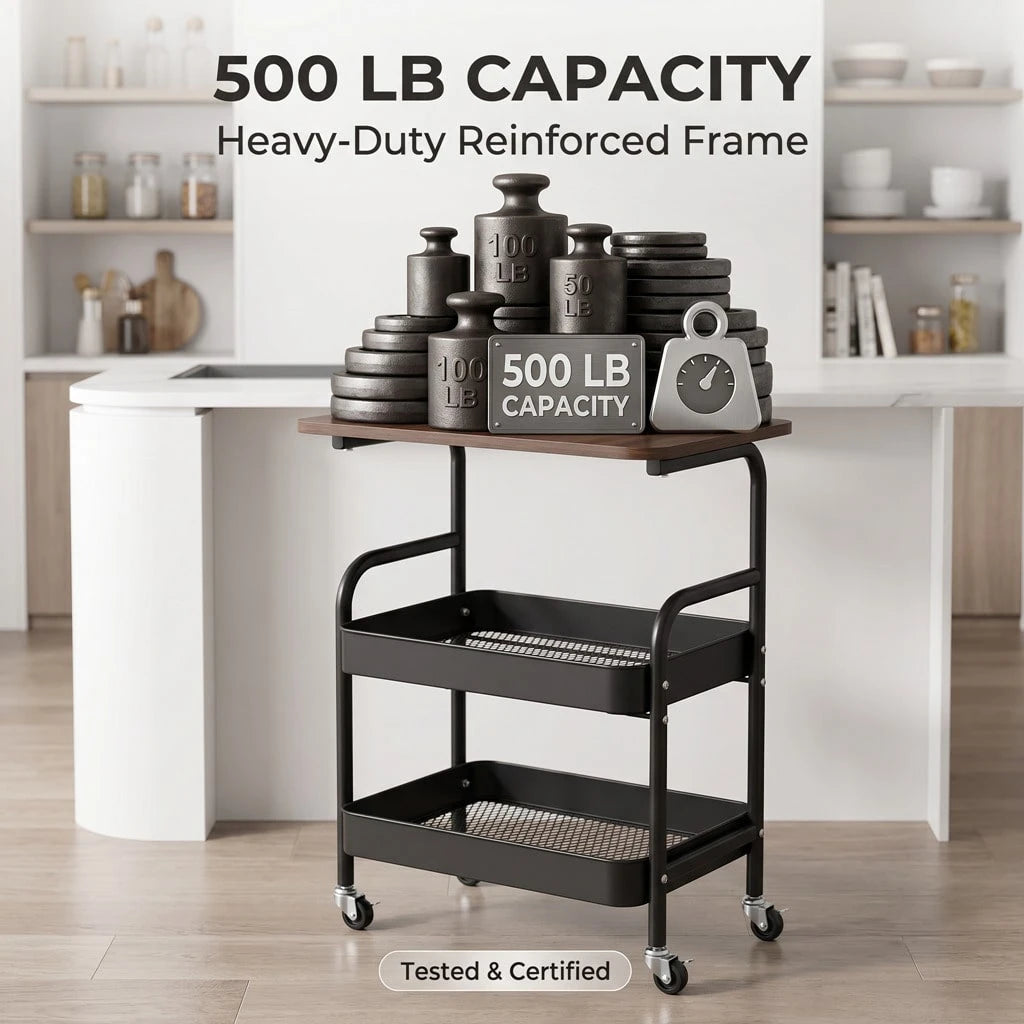 Three-Tier Metal Storage Cart With Wheels, Portable Mobile Cart, Snack Shelf, And Household Organization Storage Shelf