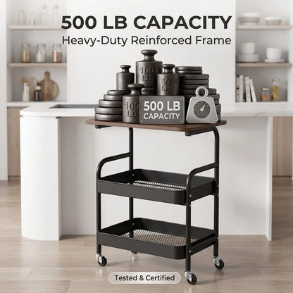 Three-Tier Metal Storage Cart With Wheels, Portable Mobile Cart, Snack Shelf, And Household Organization Storage Shelf