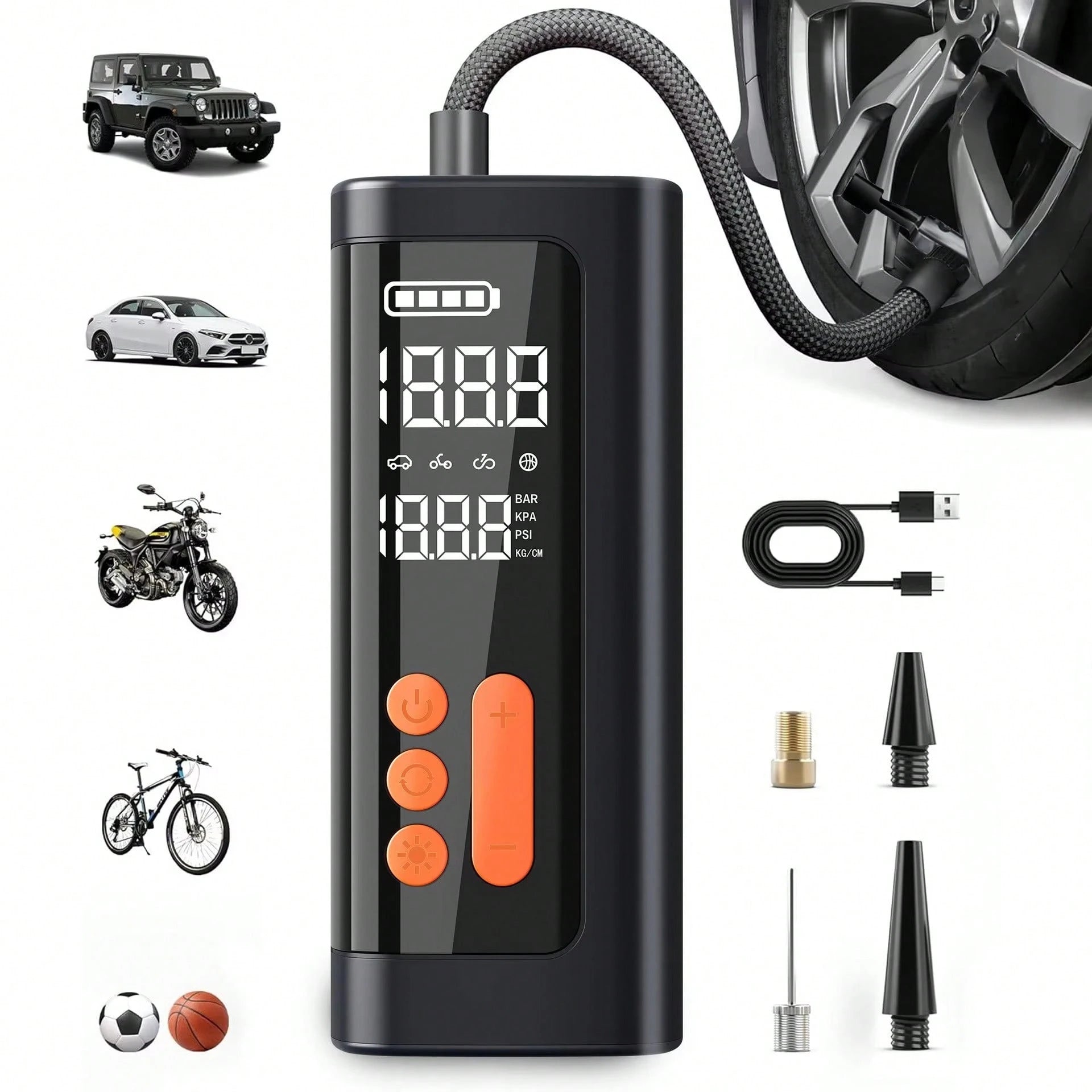 Tire Inflator Portable Air Compressor, Bike Pump, Air Pump For Car Tires 150PSI With Digital Pressure Gauge, Auto Shut-Off, Fast Inflation, Bike Tire Pump For Car, Motorcycle, Bike, Ball 7.4V 1500MAH