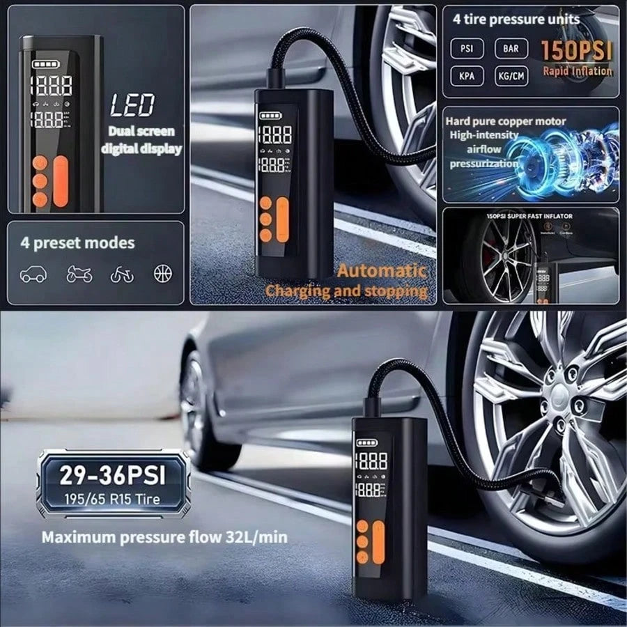 Tire Inflator Portable Air Compressor, Bike Pump, Air Pump For Car Tires 150PSI With Digital Pressure Gauge, Auto Shut-Off, Fast Inflation, Bike Tire Pump For Car, Motorcycle, Bike, Ball 7.4V 1500MAH