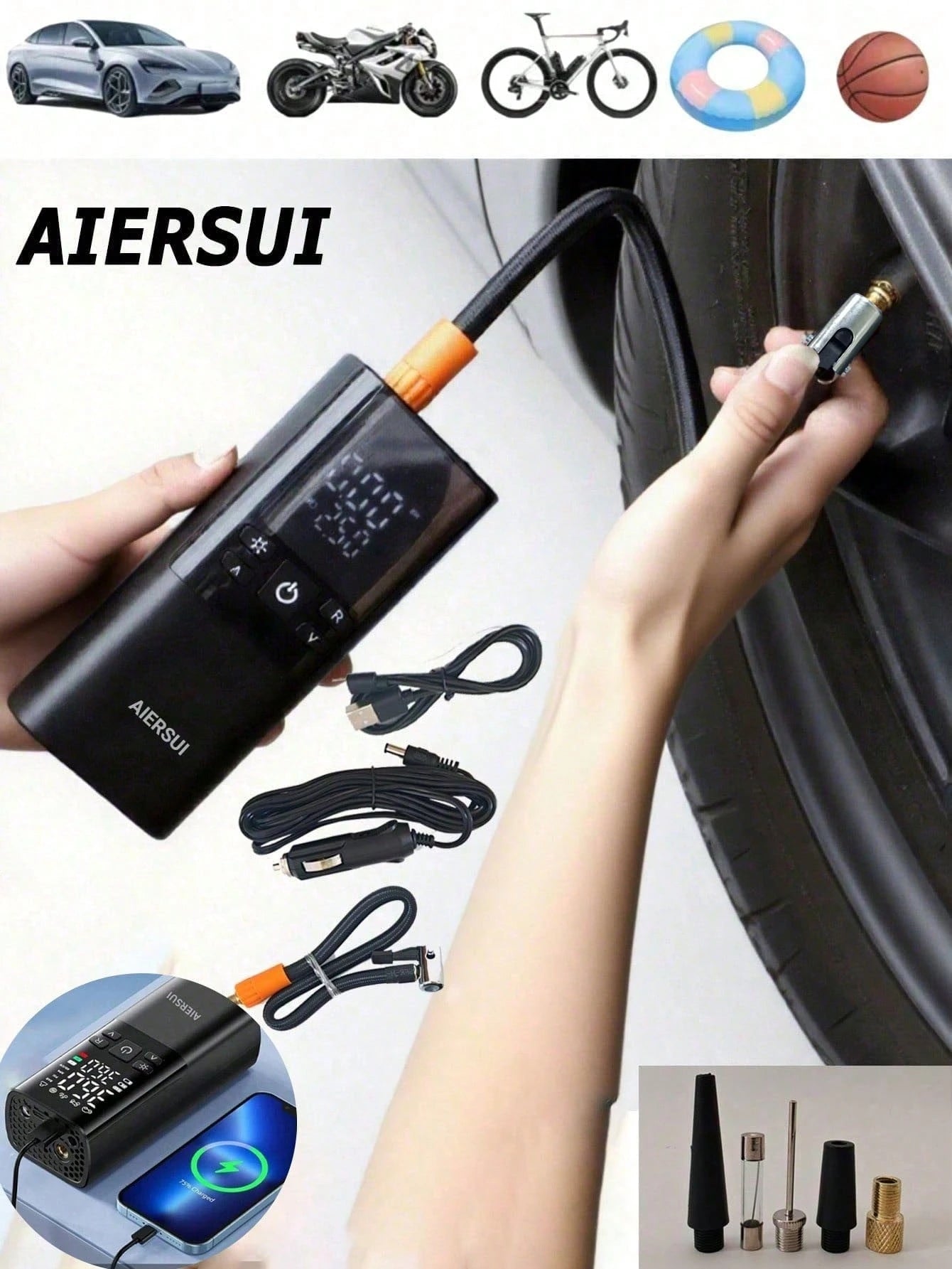 Tire Inflator Portable Air Compressor Cordless Mini Balls Pump With Digital Pressure Gauge Inflater 150PSI 3X Fast Inflation Auto Shutoff Tires Pump For Cars Motors Bikes Balls 11.1V/DC12V 2000MAH