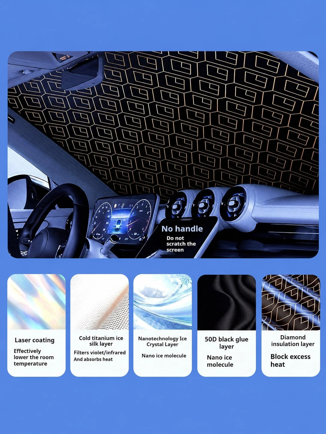 Titanium Silver Car Windshield Sun Nano Ice Crystal UV Block Full Blackout Foldable Auto Sun Visor Lower Car Interior Temperature Prevent Dashboard Fade Portable Windshield Sun Protector With Storage