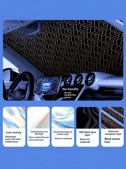 Titanium Silver Car Windshield Sun Nano Ice Crystal UV Block Full Blackout Foldable Auto Sun Visor Lower Car Interior Temperature Prevent Dashboard Fade Portable Windshield Sun Protector With Storage
