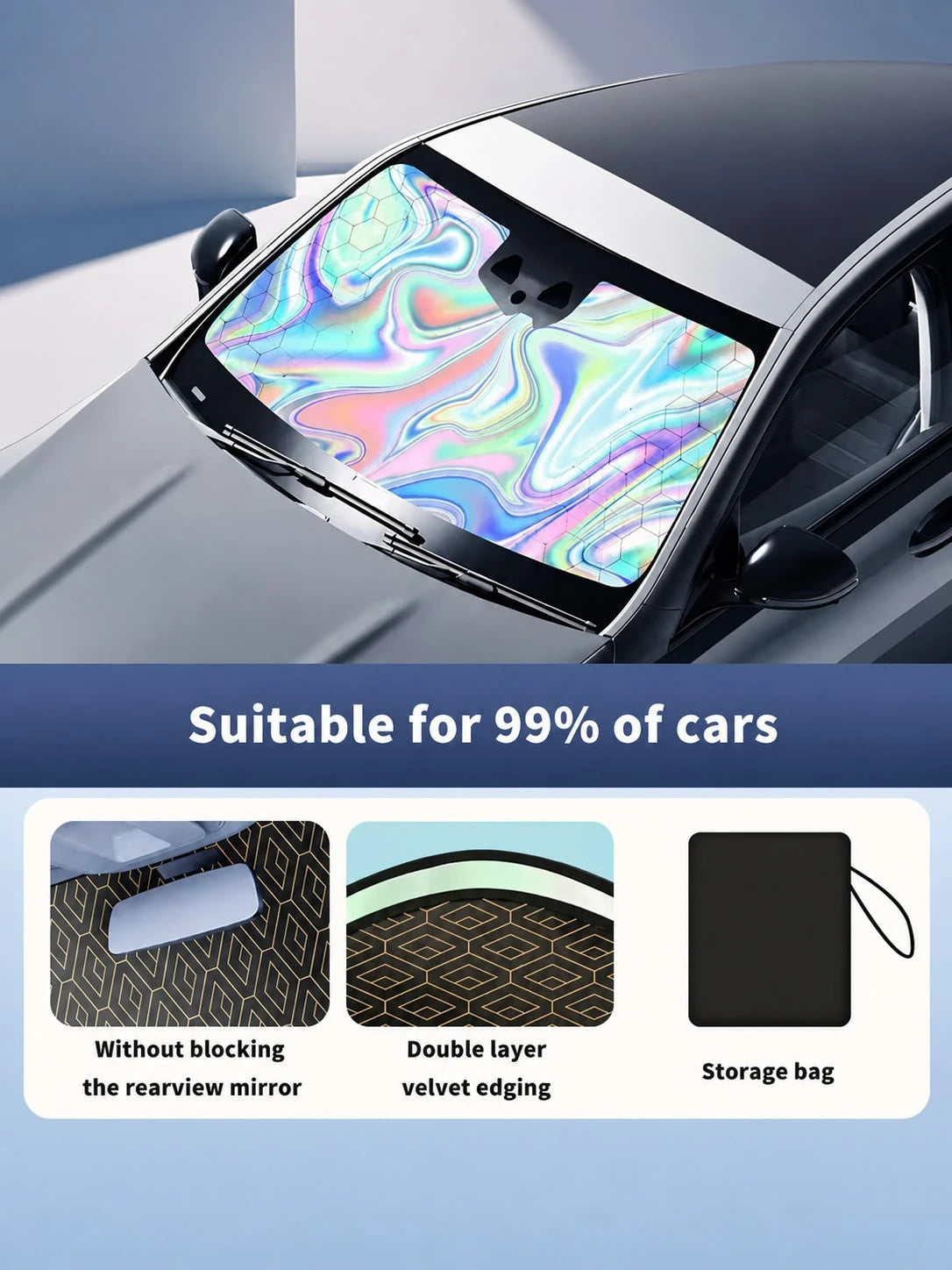 Titanium Silver Car Windshield Sun Nano Ice Crystal UV Block Full Blackout Foldable Auto Sun Visor Lower Car Interior Temperature Prevent Dashboard Fade Portable Windshield Sun Protector With Storage