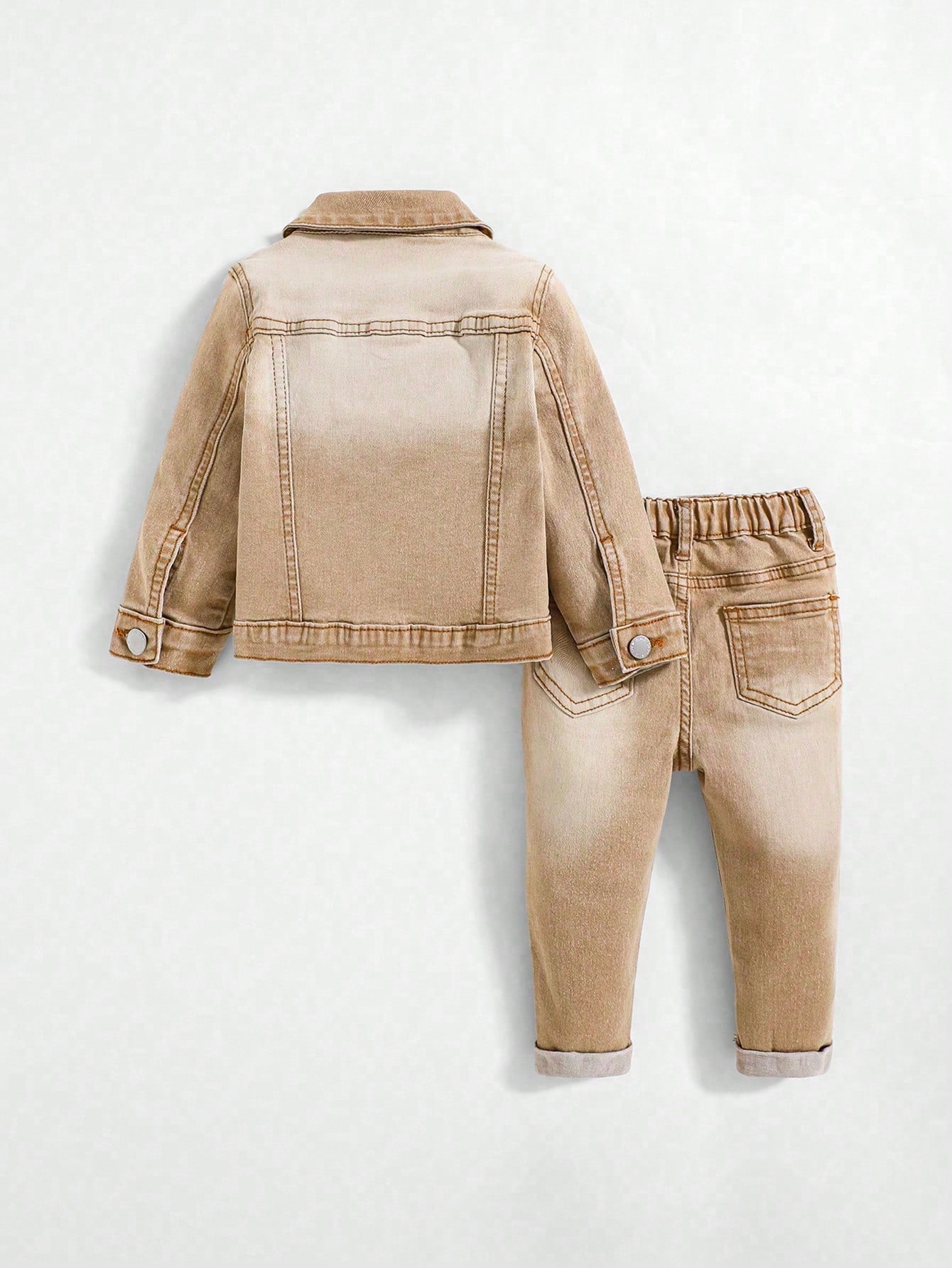 Toddler/Baby Boy 2pcs/Set Distressed Casual Khaki Denim Lapel Long Sleeve Jacket & Cuffed High Stretch Skinny Jeans Set,Leisure And Versatile For Baby Streetwear Outfits