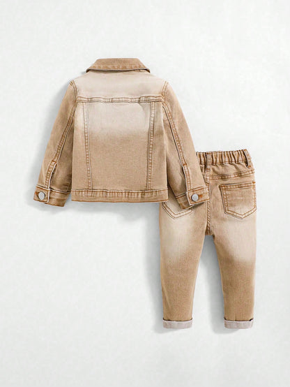 Toddler/Baby Boy 2pcs/Set Distressed Casual Khaki Denim Lapel Long Sleeve Jacket & Cuffed High Stretch Skinny Jeans Set,Leisure And Versatile For Baby Streetwear Outfits