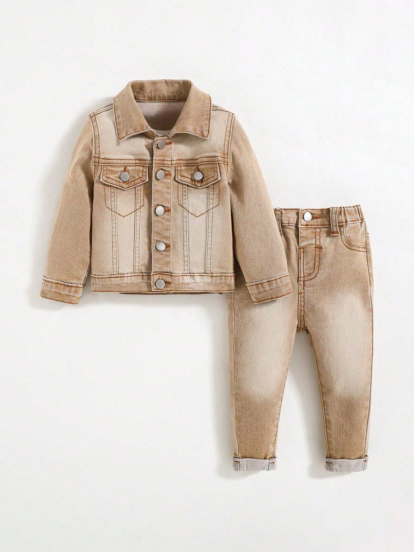 Toddler/Baby Boy 2pcs/Set Distressed Casual Khaki Denim Lapel Long Sleeve Jacket & Cuffed High Stretch Skinny Jeans Set,Leisure And Versatile For Baby Streetwear Outfits