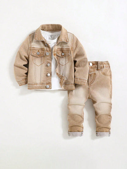 Toddler/Baby Boy 2pcs/Set Distressed Casual Khaki Denim Lapel Long Sleeve Jacket & Cuffed High Stretch Skinny Jeans Set,Leisure And Versatile For Baby Streetwear Outfits