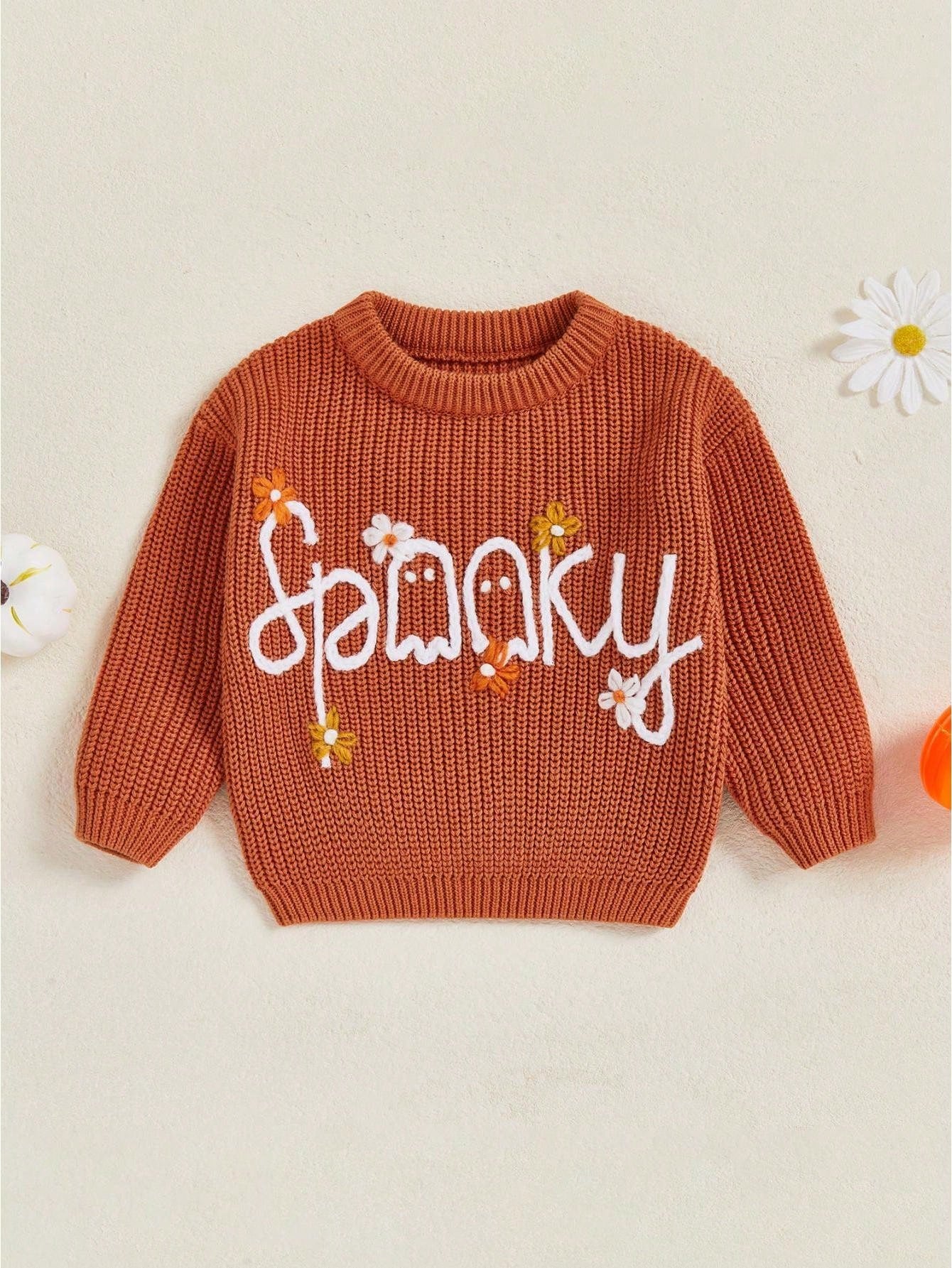 Toddler Baby Girl Halloween Knitted Sweater Long Sleeve Flower Pullover 3M 6M 9M 12M 18M 24M 3T Kids Warm Jumpers Tops Fall Loose Knitwear