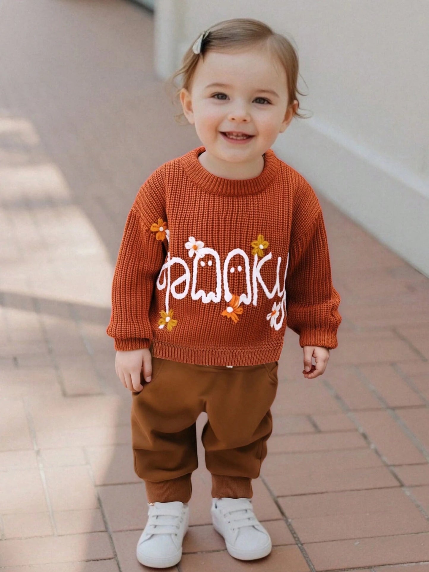 Toddler Baby Girl Halloween Knitted Sweater Long Sleeve Flower Pullover 3M 6M 9M 12M 18M 24M 3T Kids Warm Jumpers Tops Fall Loose Knitwear