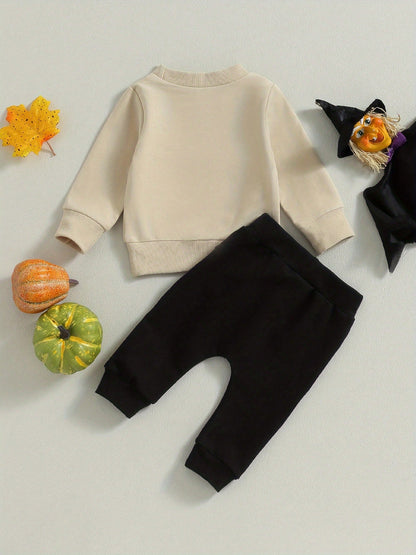 Toddler Boys 1st Halloween Outfits Pumpkin Bat Letter Print Long Sleeve Sweatshirts And Long Pants 2Pcs Fall Clothes Set