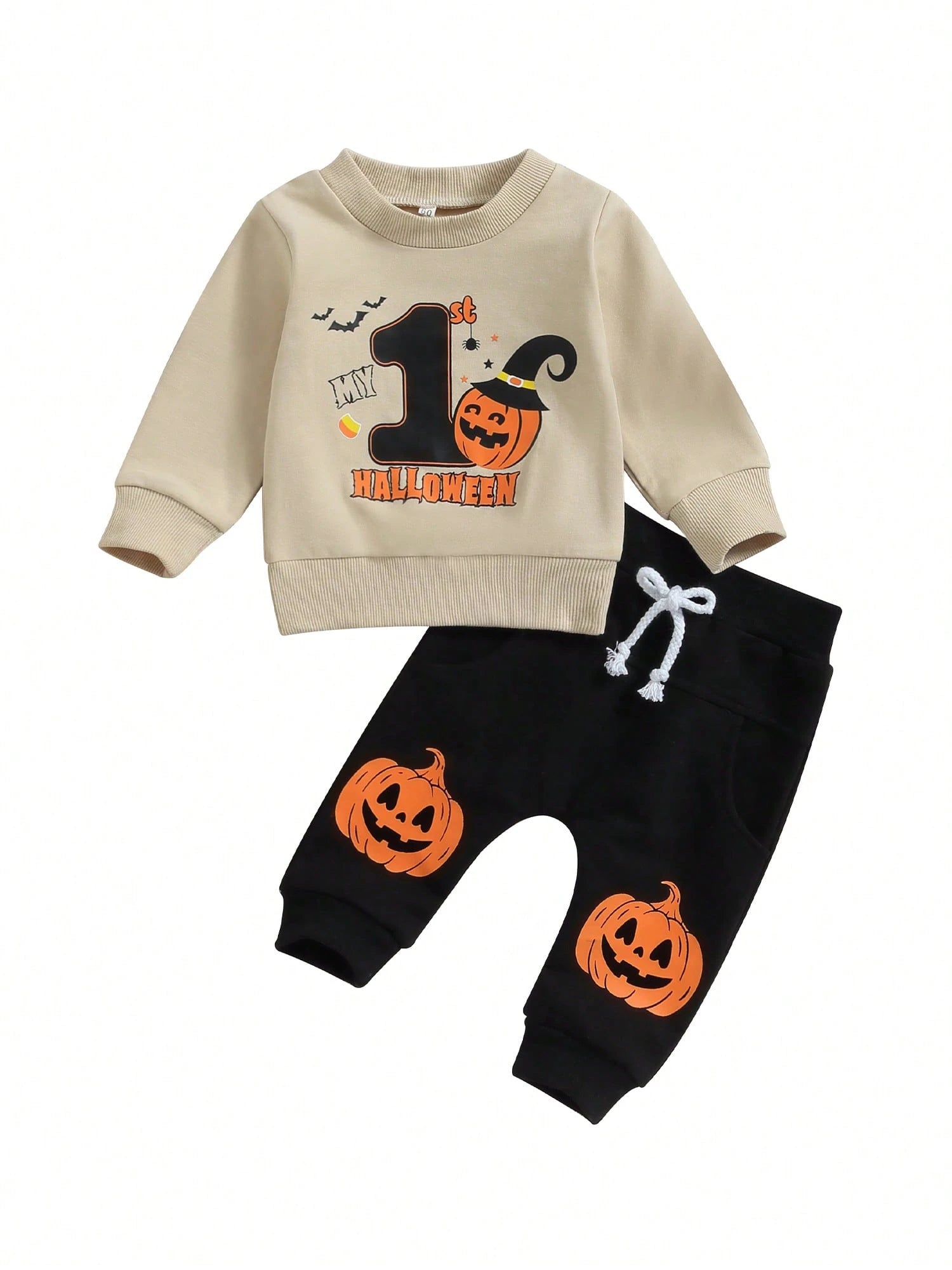 Toddler Boys 1st Halloween Outfits Pumpkin Bat Letter Print Long Sleeve Sweatshirts And Long Pants 2Pcs Fall Clothes Set