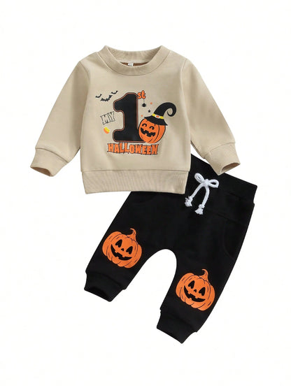 Toddler Boys 1st Halloween Outfits Pumpkin Bat Letter Print Long Sleeve Sweatshirts And Long Pants 2Pcs Fall Clothes Set