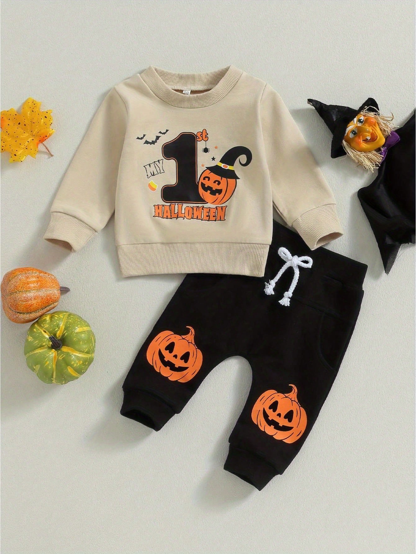 Toddler Boys 1st Halloween Outfits Pumpkin Bat Letter Print Long Sleeve Sweatshirts And Long Pants 2Pcs Fall Clothes Set
