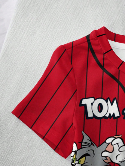 TOM & JERRY X Baby Boy Casual Colorblock Striped Cartoon Pattern Round Neck Short Sleeve Top, Summer