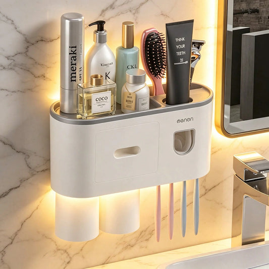 Toothbrush And Toothpaste Holder, Wall-Mounted Design, Equipped With 4 Slots And 2 Cup Holders. The Bathroom Storage Rack Has A Drawer, Saving Space And Making It Convenient For Organizing The Family