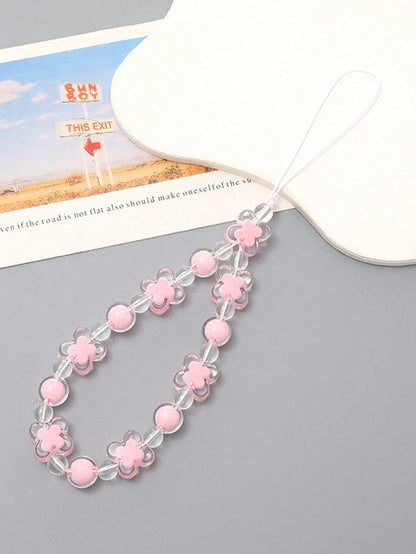 Transparent Beaded Four-Petal Flower Short Phone Lanyard, Fashionable Versatile Universal Phone Hanging Chain, Outdoor Anti-Loss Phone Chain, Suitable For CCD Camera Hanging Chain, Earphone Case Lanya