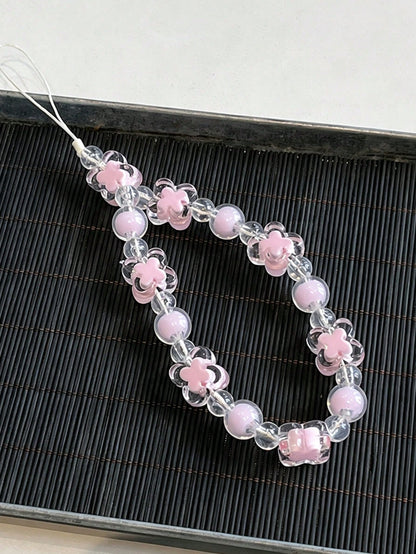 Transparent Beaded Four-Petal Flower Short Phone Lanyard, Fashionable Versatile Universal Phone Hanging Chain, Outdoor Anti-Loss Phone Chain, Suitable For CCD Camera Hanging Chain, Earphone Case Lanya