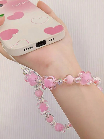 Transparent Beaded Four-Petal Flower Short Phone Lanyard, Fashionable Versatile Universal Phone Hanging Chain, Outdoor Anti-Loss Phone Chain, Suitable For CCD Camera Hanging Chain, Earphone Case Lanya