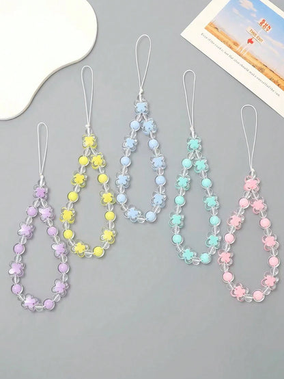 Transparent Beaded Four-Petal Flower Short Phone Lanyard, Fashionable Versatile Universal Phone Hanging Chain, Outdoor Anti-Loss Phone Chain, Suitable For CCD Camera Hanging Chain, Earphone Case Lanya